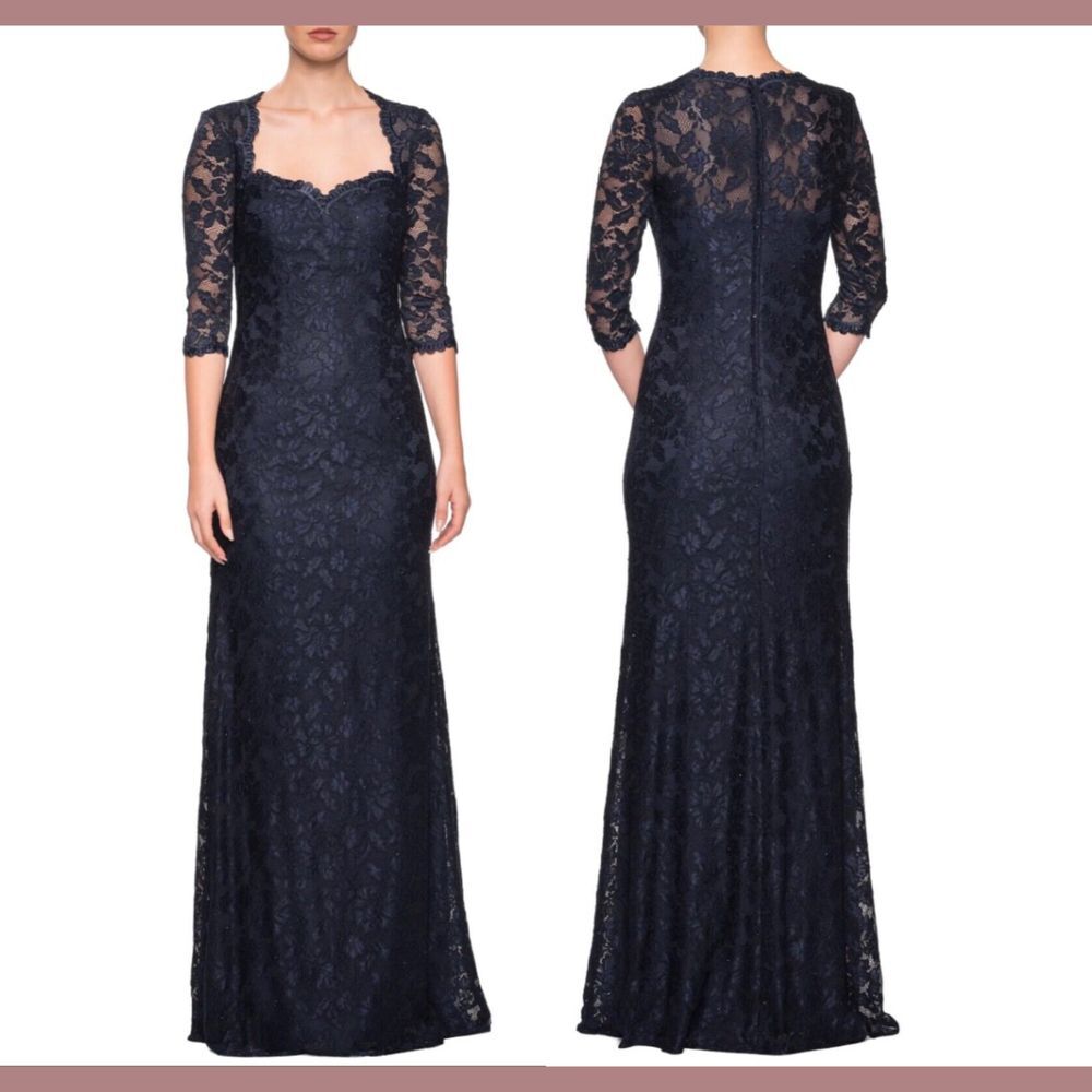 NEW $408 La Femme [ 4 ] Sweetheart Neck Lace‎ Trumpet Gown in Navy Blue #S1251